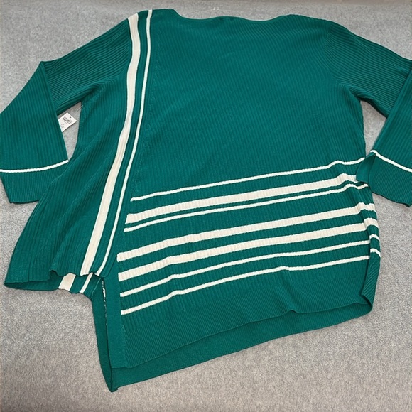 Chicos Tunic Asymetrical Sweater XL Stripe Green Ribbed Knit Mature Artsy - Picture 8 of 10